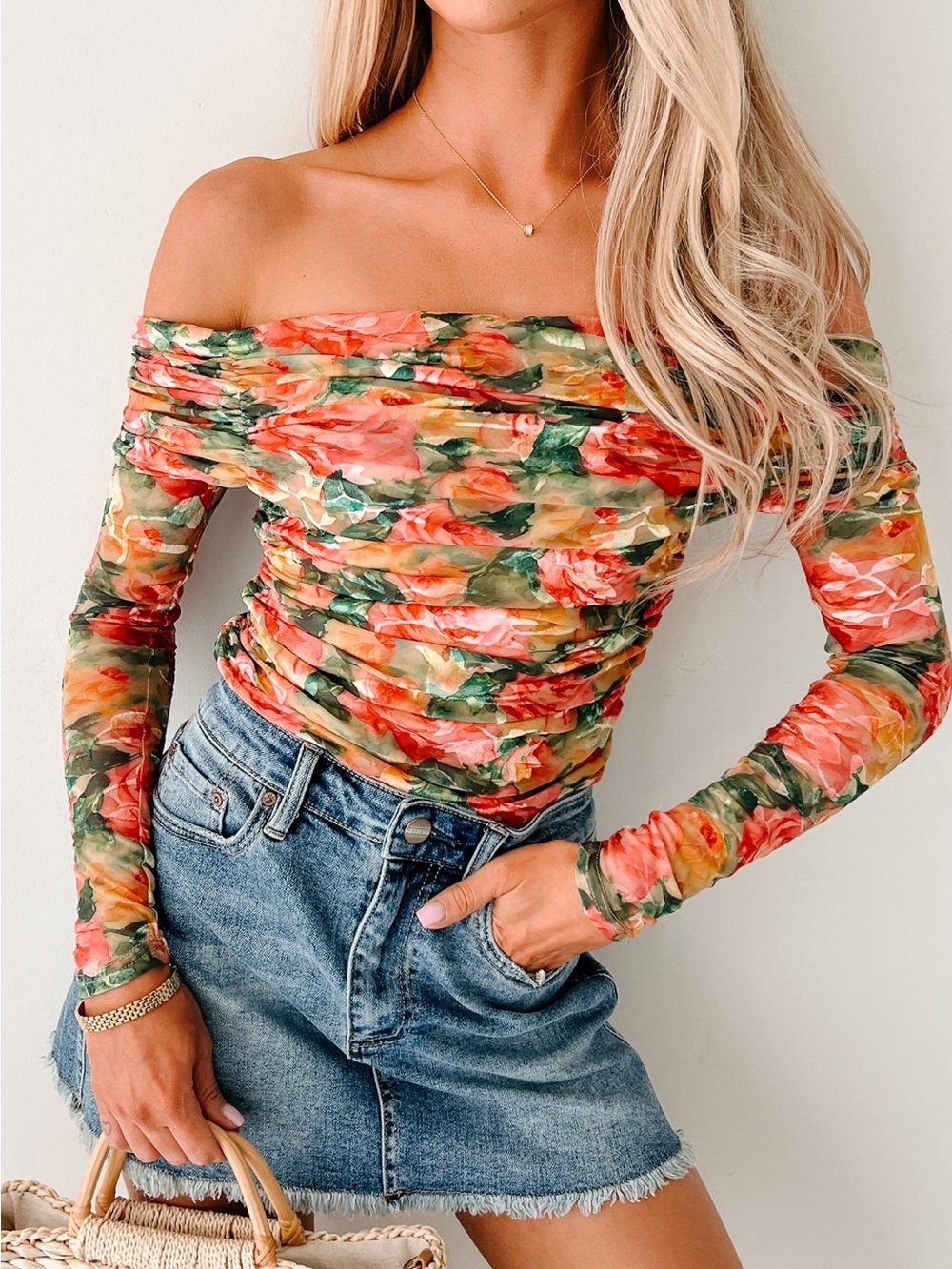 Ruched Off-Shoulder Long Sleeve Floral Top - Multi-Color